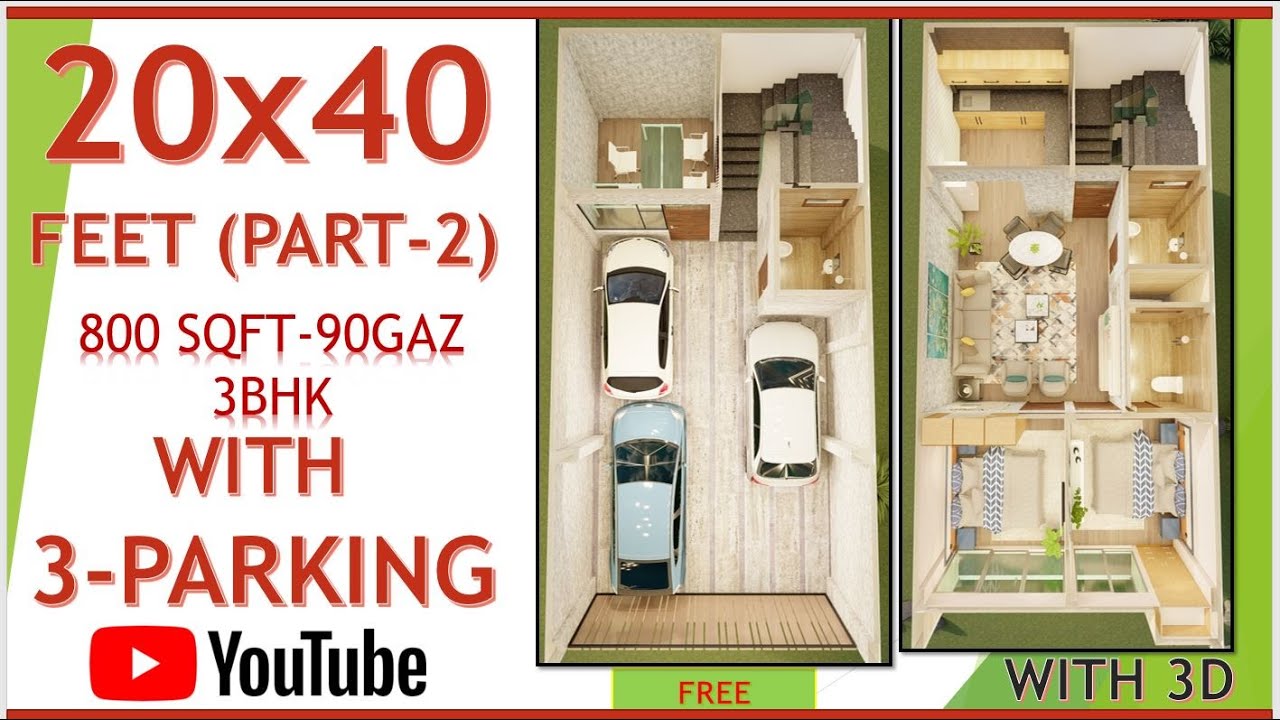 20x40 house plan with car parking PART-2 and 3d elevation/800sqft/90gaz/6x12m/72sqm