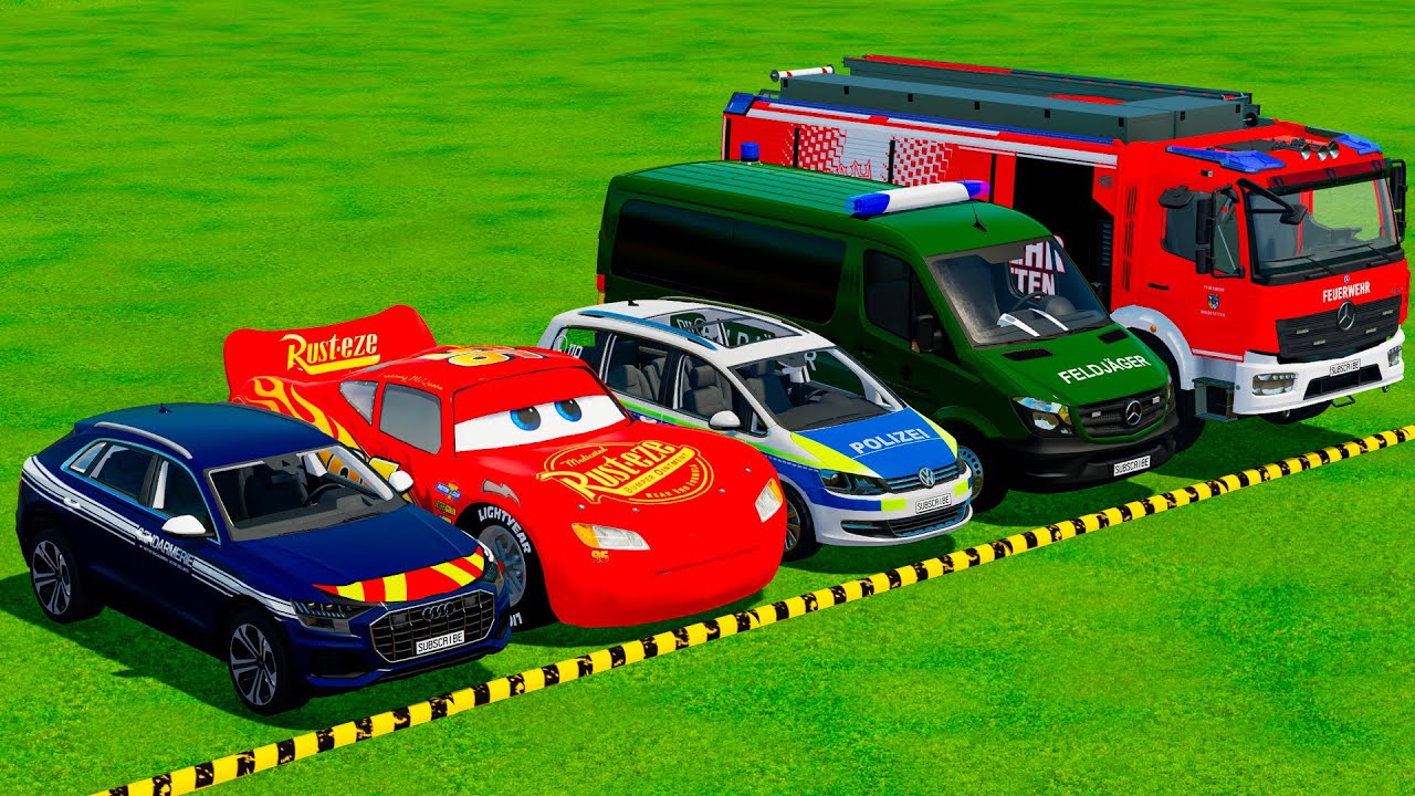 AUDI, MCQUEEN CAR, VOLKSWAGEN POLICE CARS, AMBULANCE EMERGENCY TRANSPORTING WITH TRUCKS ! FS22 #30