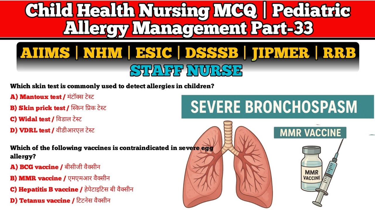 Nursing Competitive Exams MCQs (RRB, AIIMS, NORCET, CHO, NHM, Staff Nurse) | CHN | Pediatric Allergy