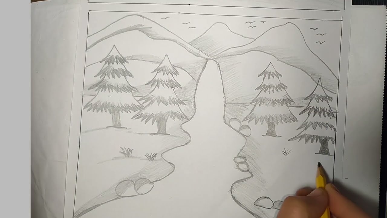 nice natural landscaping scenery drawing with easy steps/ pencil drawing ideas for beginners