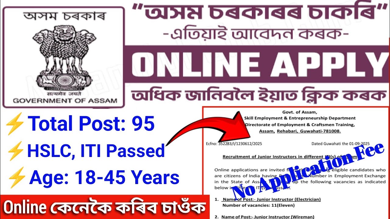 Assam Govt New Job 2025 | HSLC, ITI Job | Junior Instructor 95 Post