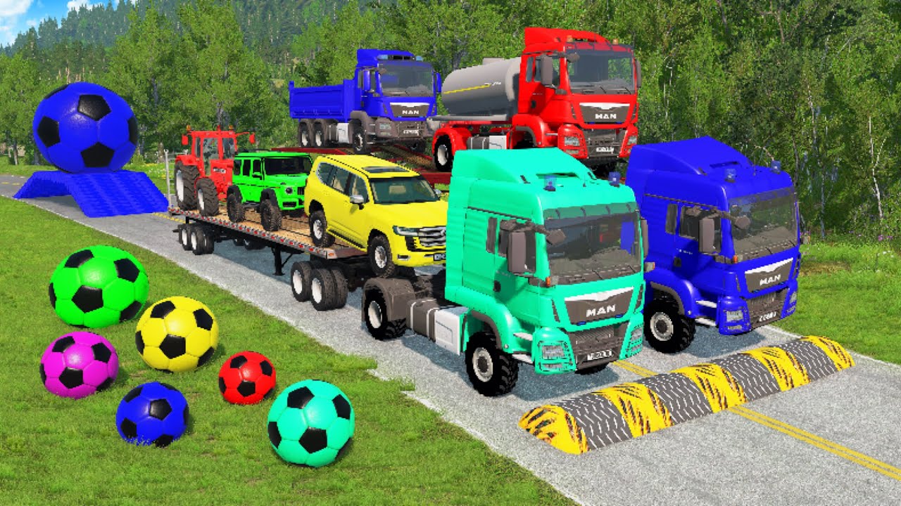 Flatbed Trailer McQueen Transportation with Truck - Speedbumps vs Cars vs Train - BeamNG.Drive #04