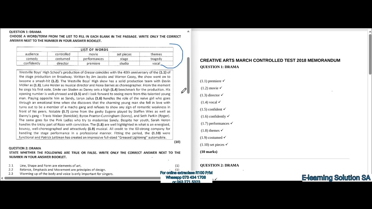 Grade 8 Creative Arts Term 1 | March Test Paper
