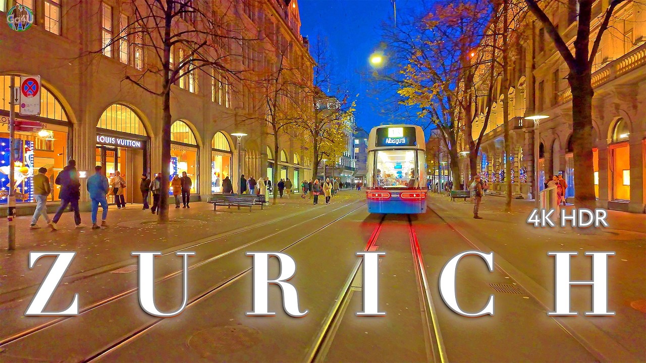 ZURICH SWITZERLAND 🇨🇭 Evening Walking tour Bahnhofstrasse from Main Station to Lake front 4K