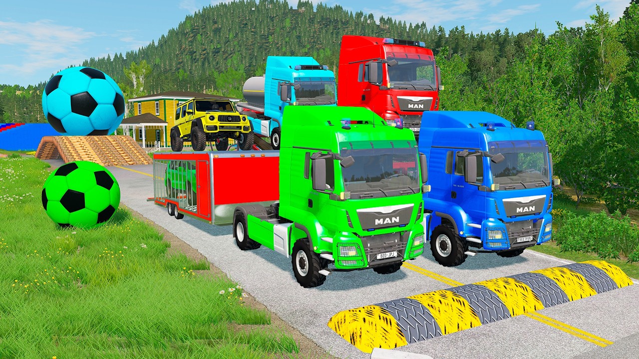 Triple Flatbed Trailer McQueen Transportation with Truck - Speedbumps vs Cars vs Train - BeamNG 0141