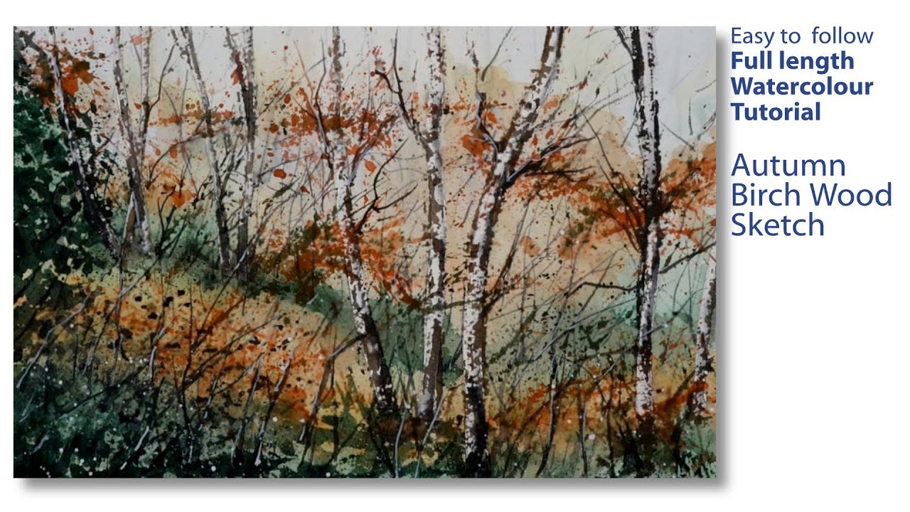 Simple masking tape trick to paint birch trees - Autumn Birch Wood watercolour sketch