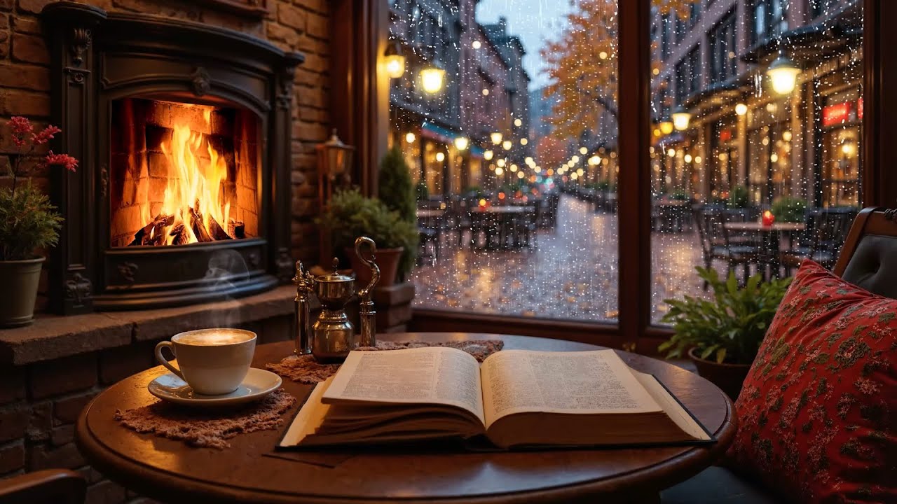 Rainy Window Jazz Piano ☕ Calm Fireplace Music for Stress Relief & Sleep