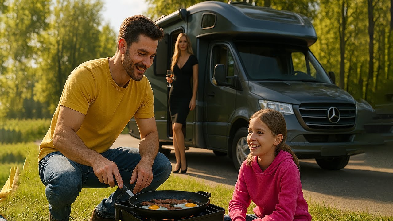 Single Dad Cooks Dinner for Daughter at Rest Stop – Woman in RV Is a Lonely Billionaire