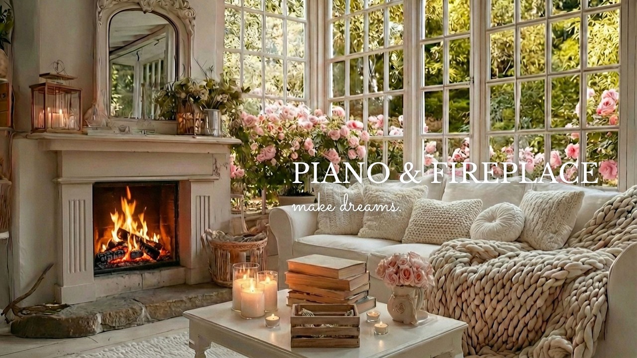 Spring Cozy Room Piano 🎹🌸 Fireplace Crackles for Relaxation, Meditation & Sleep