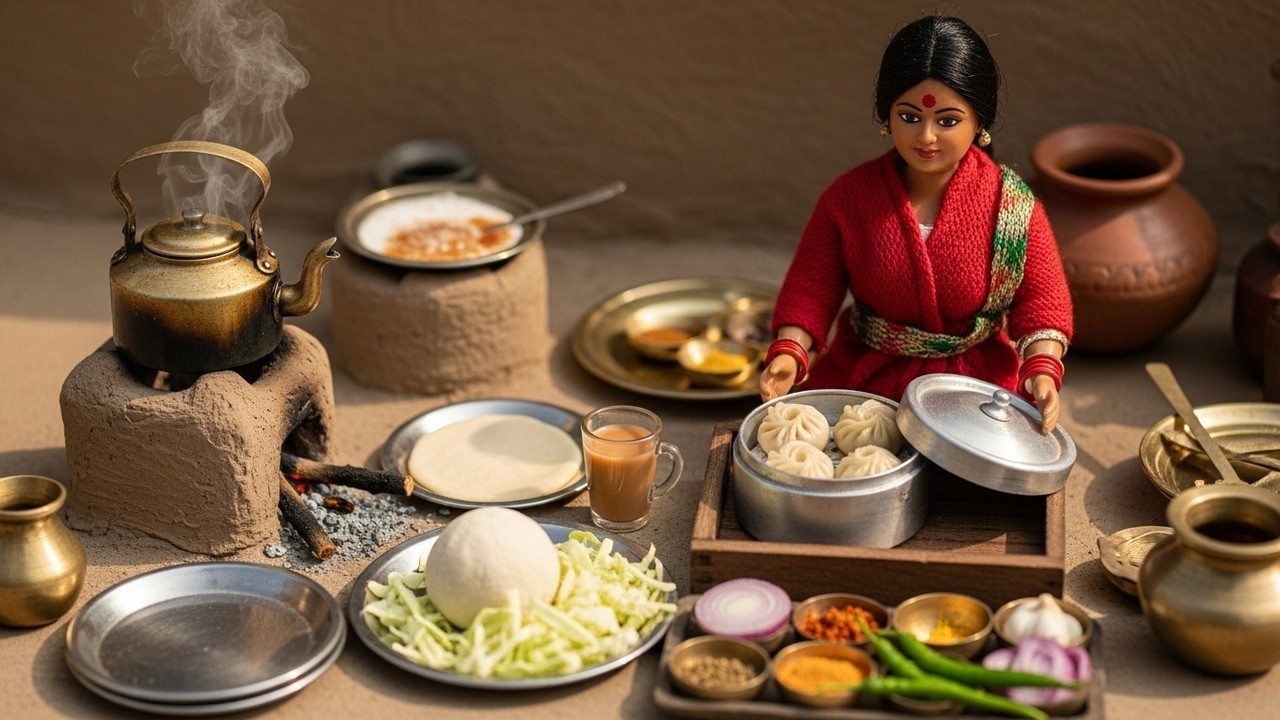 Miniature Doll Momos & Milk Tea Cooking ASMR ☕🥟  Indian Village Tiny Kitchen Story