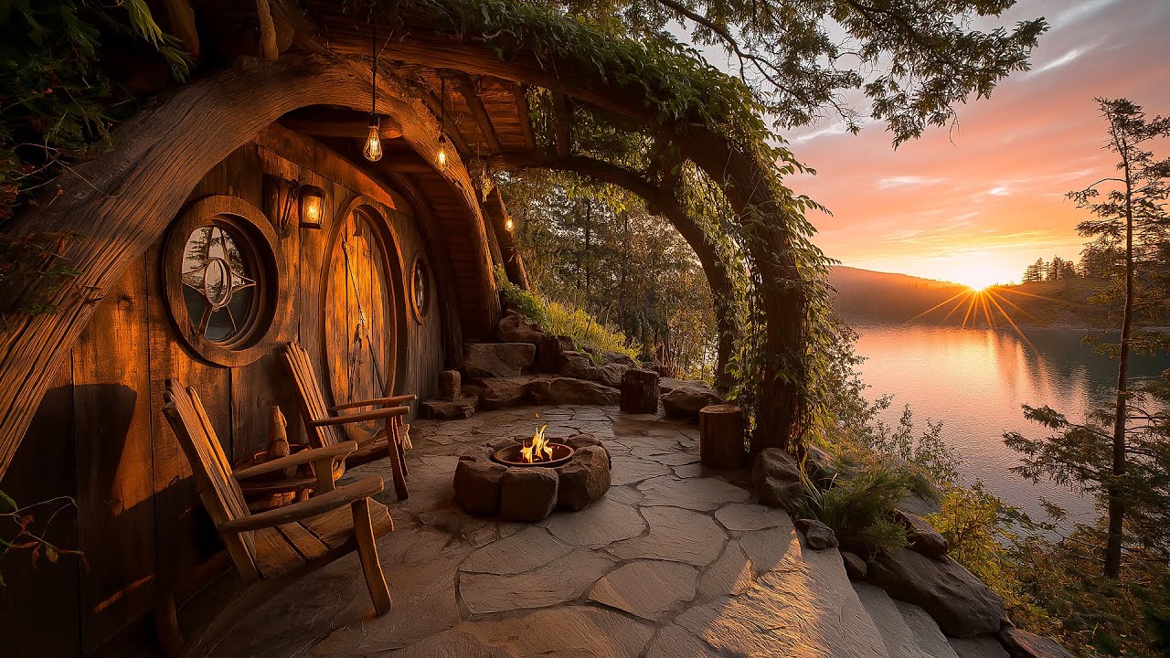 Sunset at the Lakeside Hobbit Porch — Cozy Fire, Birdsong & Gentle Breeze ASMR 🌅🔥 5 Hours Relaxing