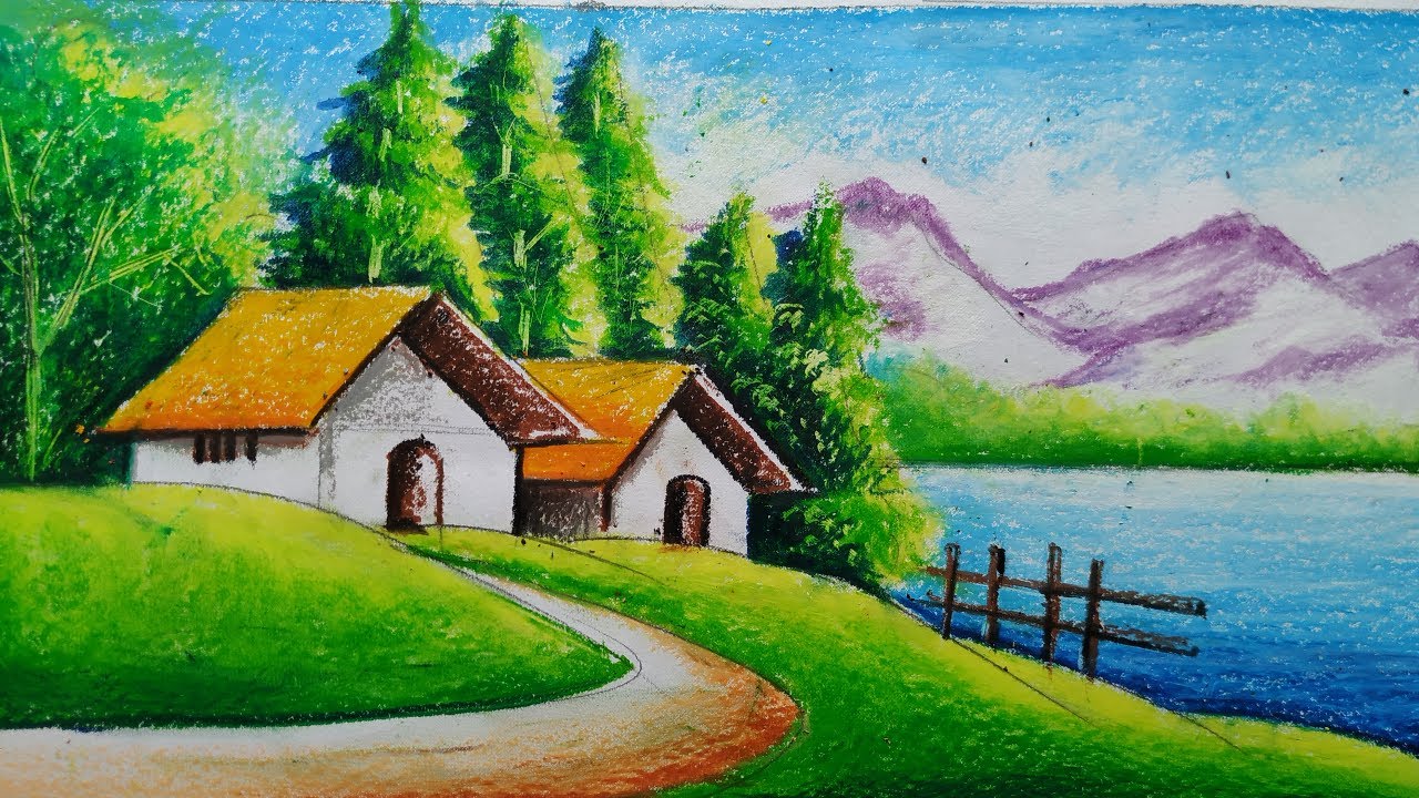 easy oil pastel scenery drawing for beginners /step by step, how to draw village scenery,