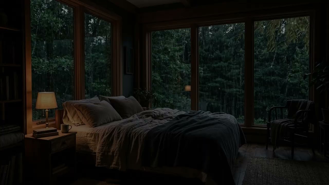 Steady Night Rain 🌧️ Flowing Past A Silent Bedroom Window While Dark Pines 🌲 Sway