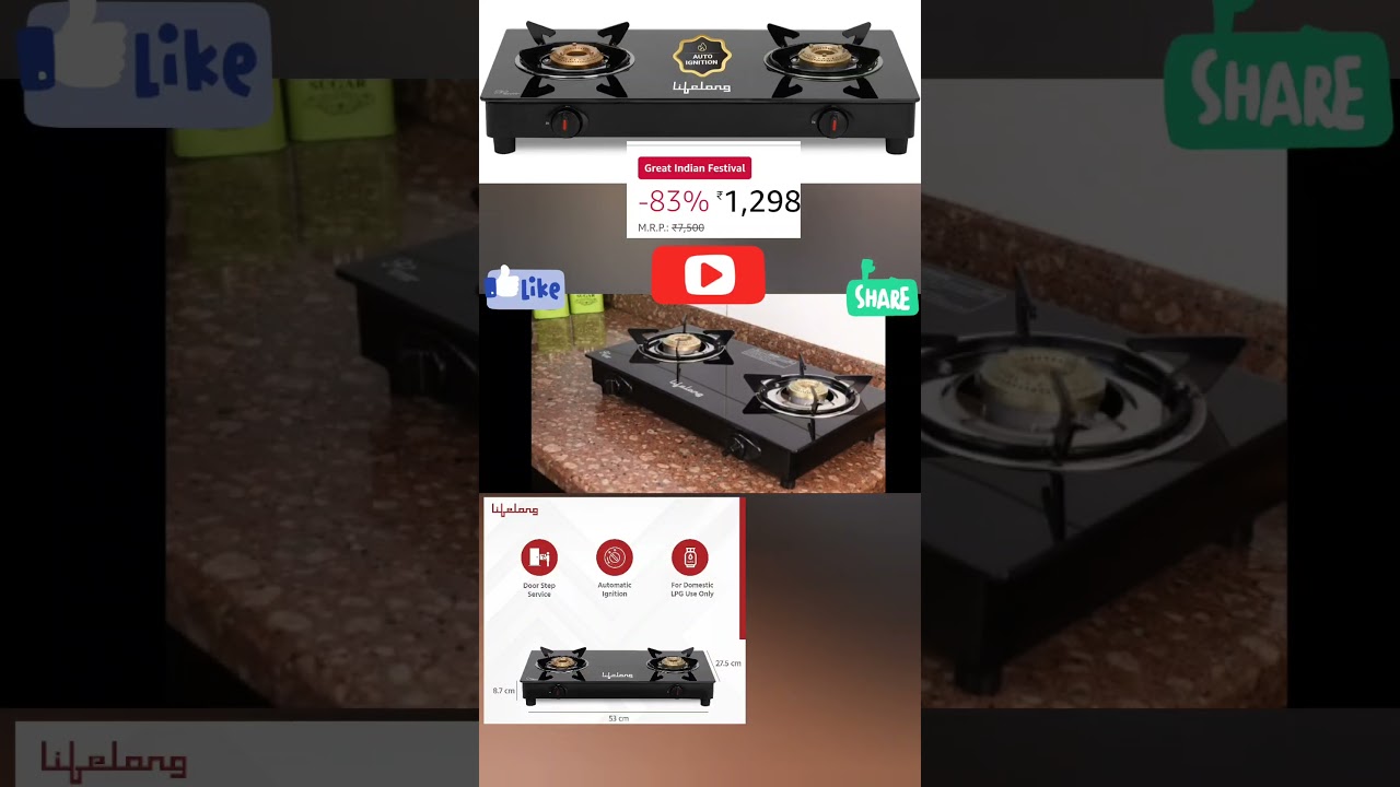 Lifelong LLGS912 Automatic Ignition 2 Burner Gas Stove with 6mm Toughened Glass Top,