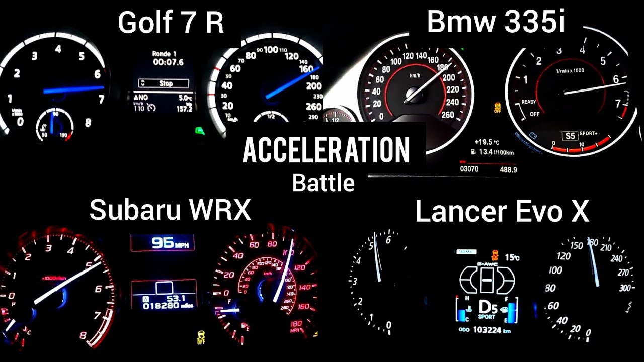 Lancer Evo X Vs Subaru WRX Vs Vw Golf 7 R Vs Bmw 335i acceleration battle | acceleration compilation