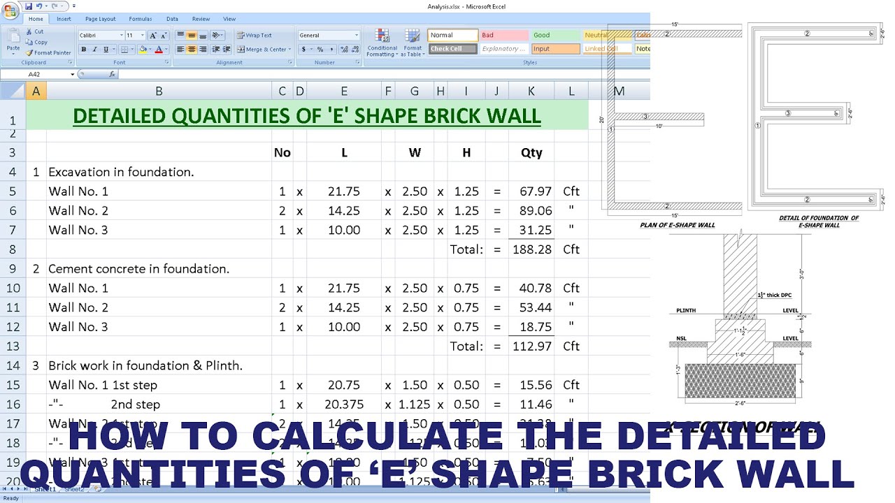 How to calculate the detailed quantities of 'E' shape brick wall