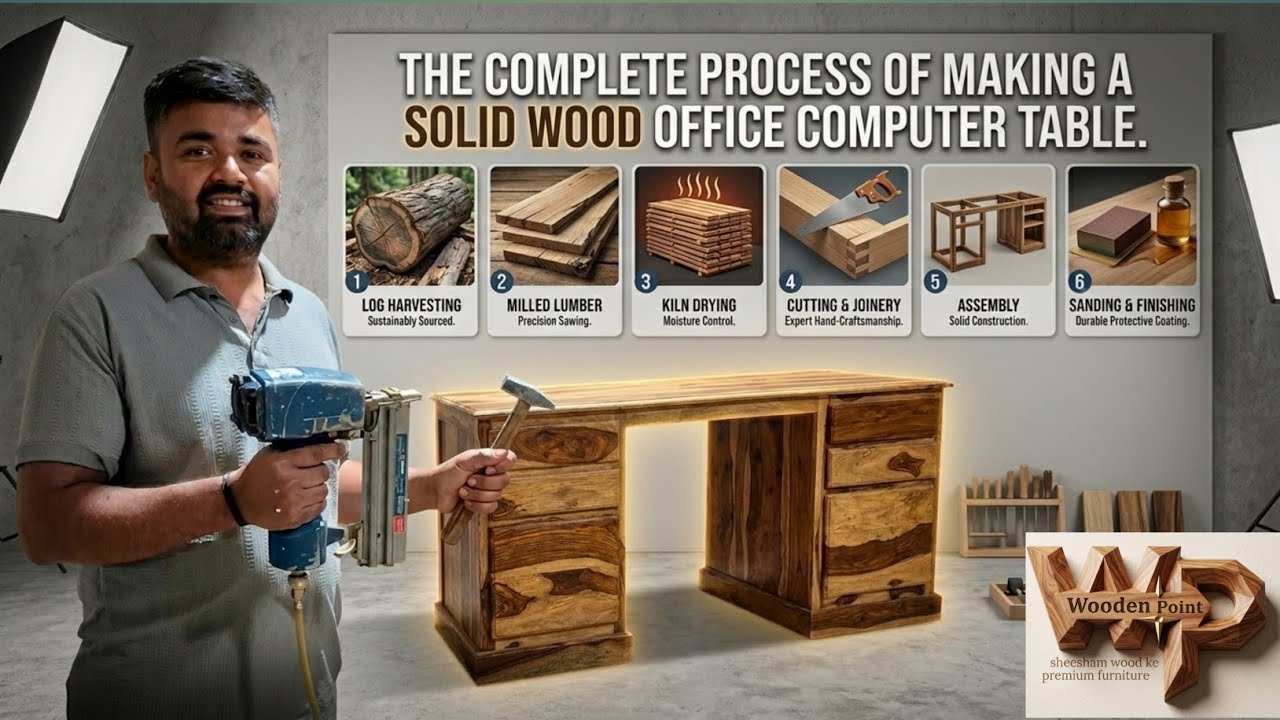 Sheesham Wood Floor Computer Table | Built-in cable management desk setup | with Basic Tools Only!