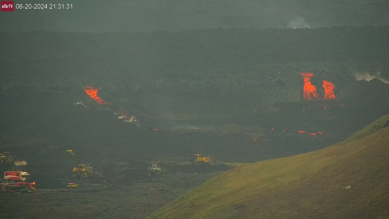 Jun 20, 2024: Lava breaching Northern berm wall that protects Blue Lagoon, Power station