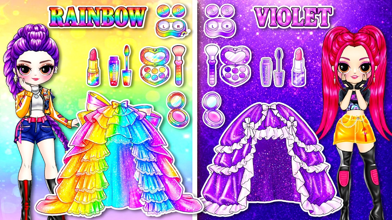 Rainbow vs Violet Glow Up! Rumi & Mira Makeup Fashion Challenge | DIY Fashion Paper Dolls