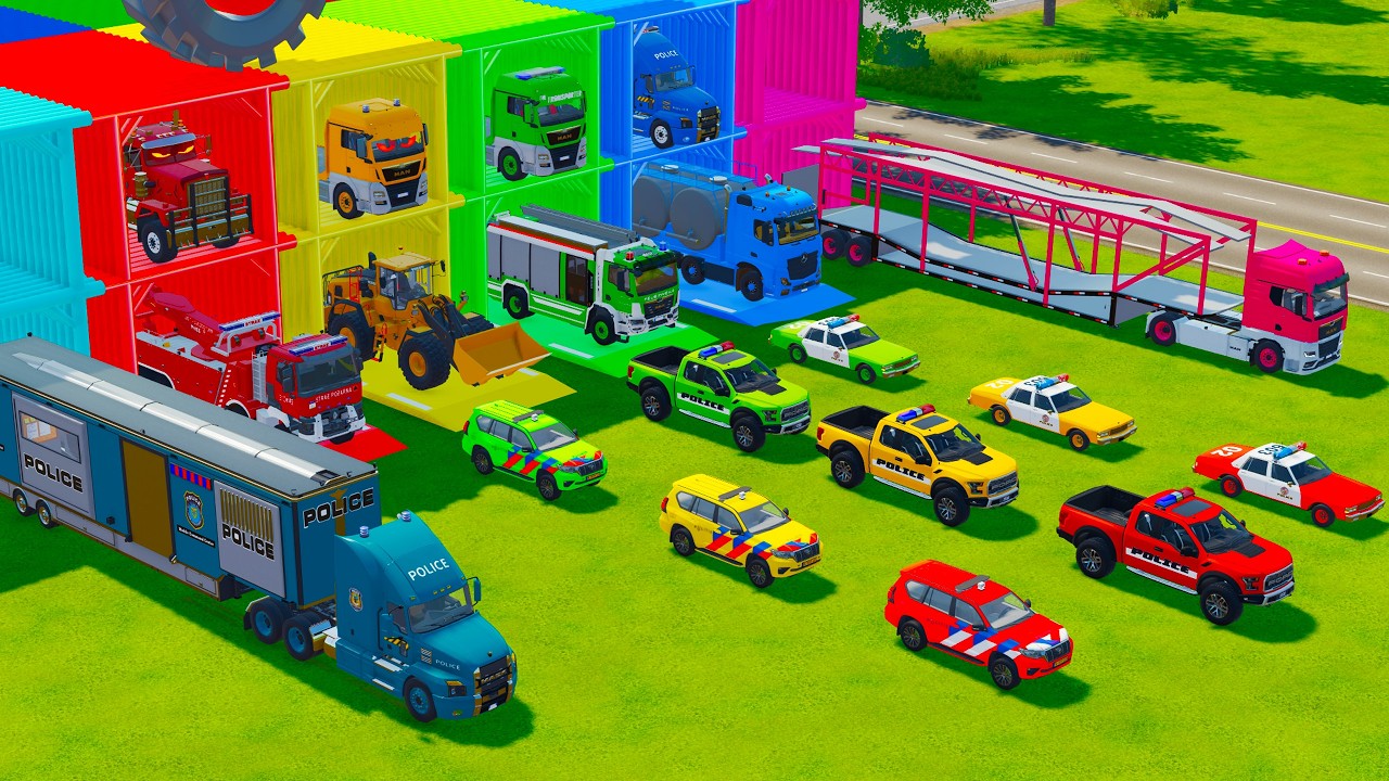 TRANSPORTING ALL EMERGENCY AND POLICE VEHICLES, WHEEL LOADER & FUEL TANK TRUCK TO GARAGE - FS22