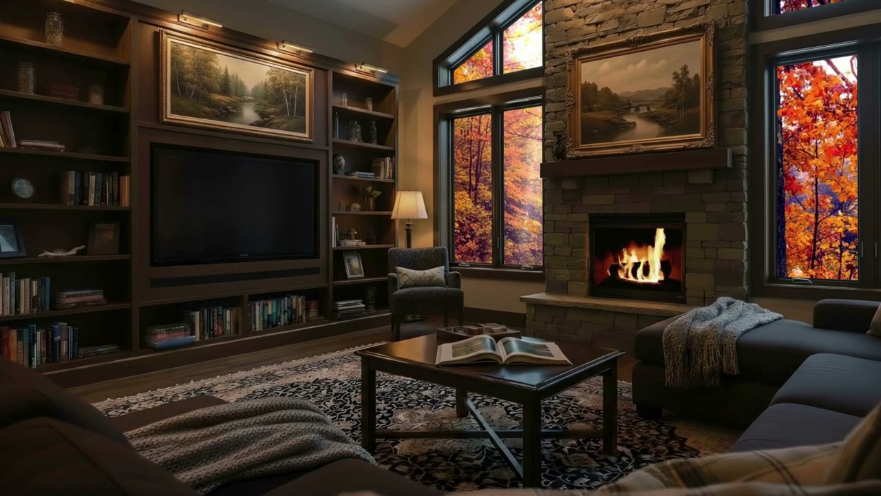 Cozy Fireplace in Fall Cabin | Crackling Fire Ambience for Relaxing, Reading & Sleep
