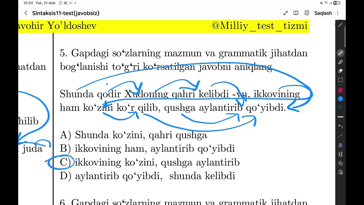 Gapda sozlarning mazmun va grammatik jihatdan boglanishiga oid test tahlili