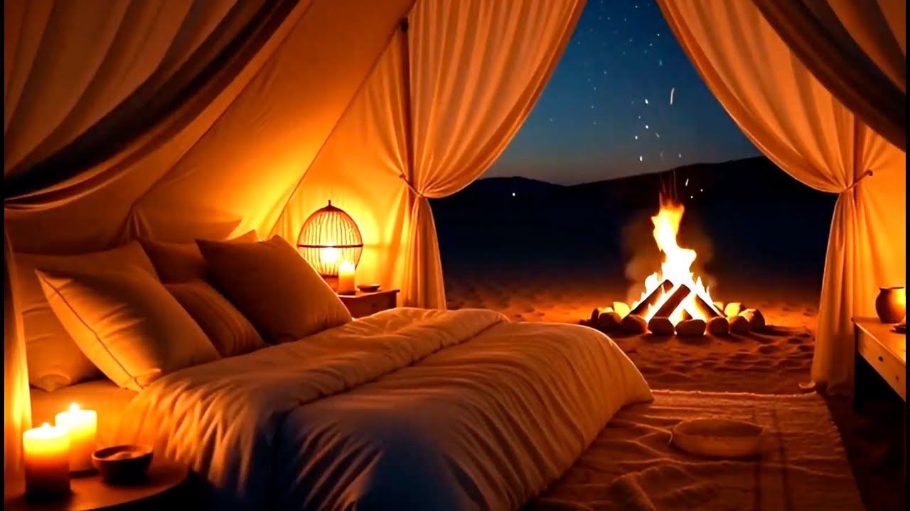 Cosy Fireside Desert at Night | Calm Wind | NO ADS