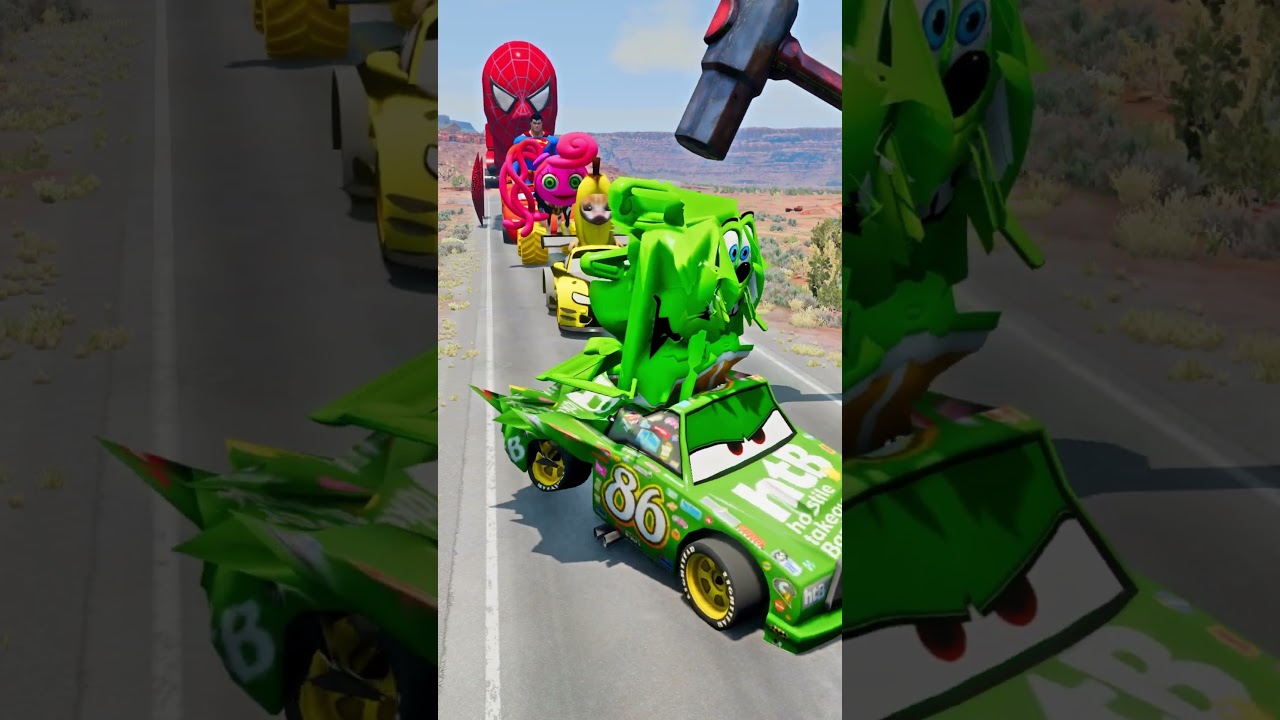 Funny Cars Going to Giant Hammer Crush in BeamNG.drive