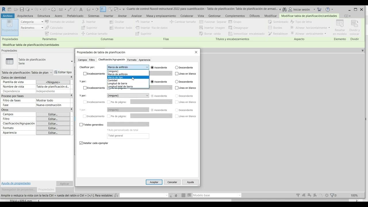 Cuantificación tabla  acero revit  por elemento