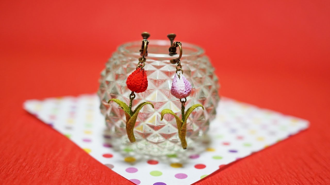 つまみ細工のチューリップの作り方/一輪のお花をモチーフにしたイヤリング/ DIY vol.24