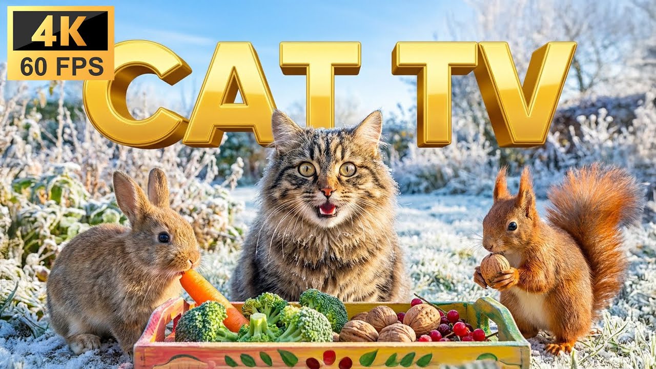 Cat TV 8 Hours - Winter Vegetable Feast: Bunny, Red Squirrel & Birds Party
