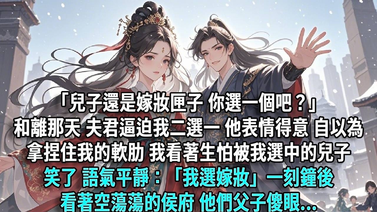 「兒子還是嫁妝匣子，你選一個吧？」和離那天，夫君逼迫我二選一，他表情得意，自以為拿捏住我的軟肋。我看著生怕被我選中的兒子，笑了：「我選嫁妝。」一刻鐘後，看著空蕩蕩的侯府，他們父子傻眼。
