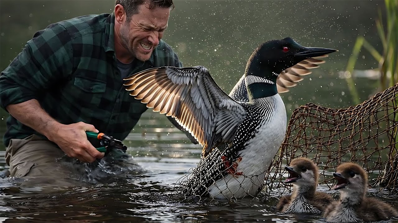 Man Rescues Trapped Mother Loon While Her Chicks Cry Nearby | Emotional Wildlife Rescue