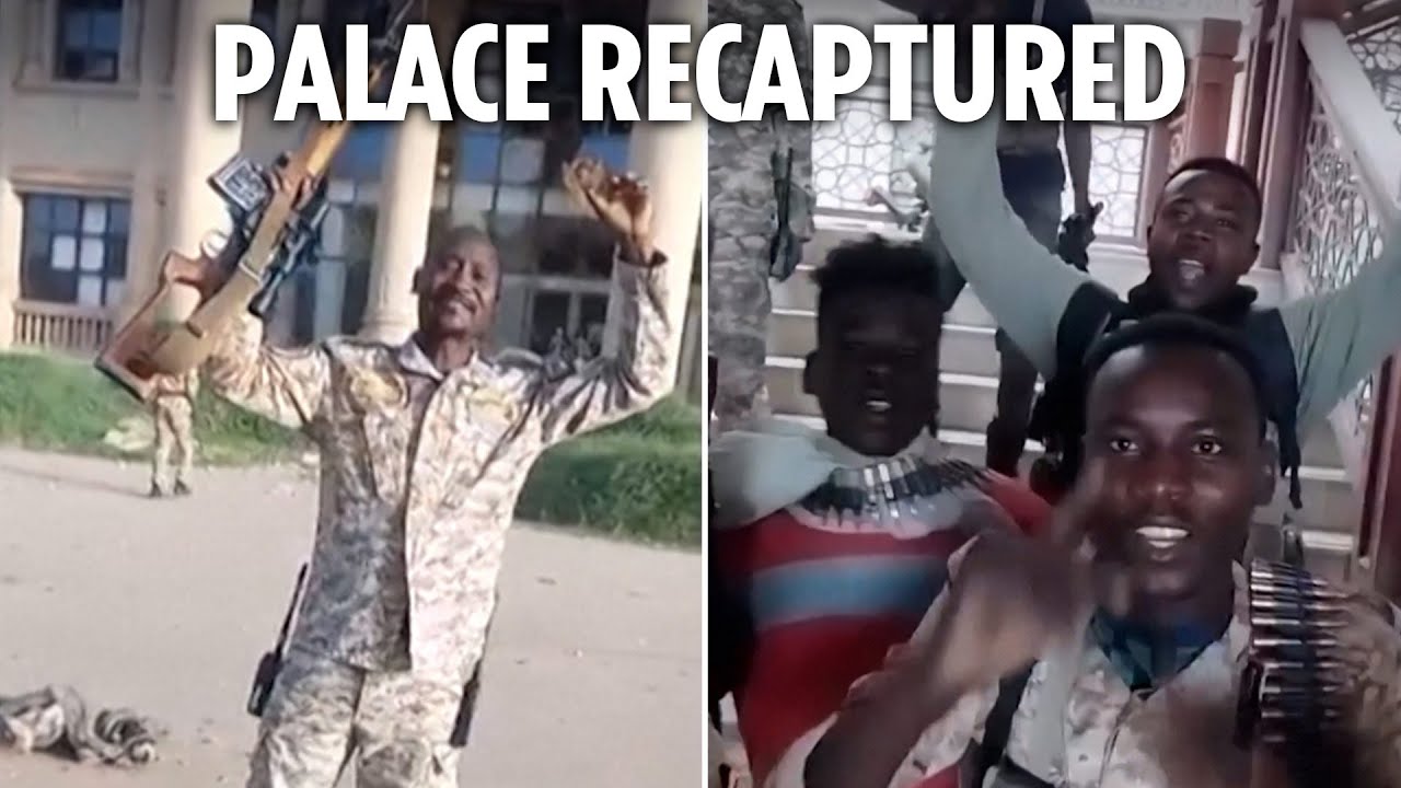 Sudanese soldiers wave guns as they seize Khartoum's presidential palace