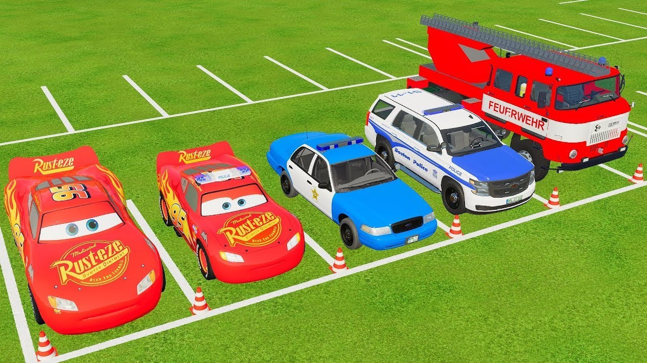 TRANSPORTING CARS, AMBULANCE, POLICE CARS, FIRE TRUCK OF COLORS! WITH TRUCKS! - FS 22
