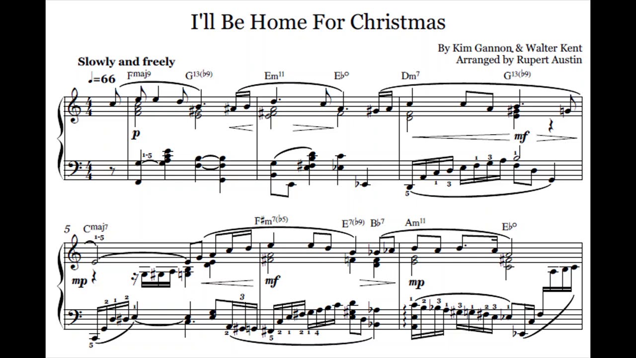 I'll Be Home For Christmas. Arranged for solo piano, with music sheet