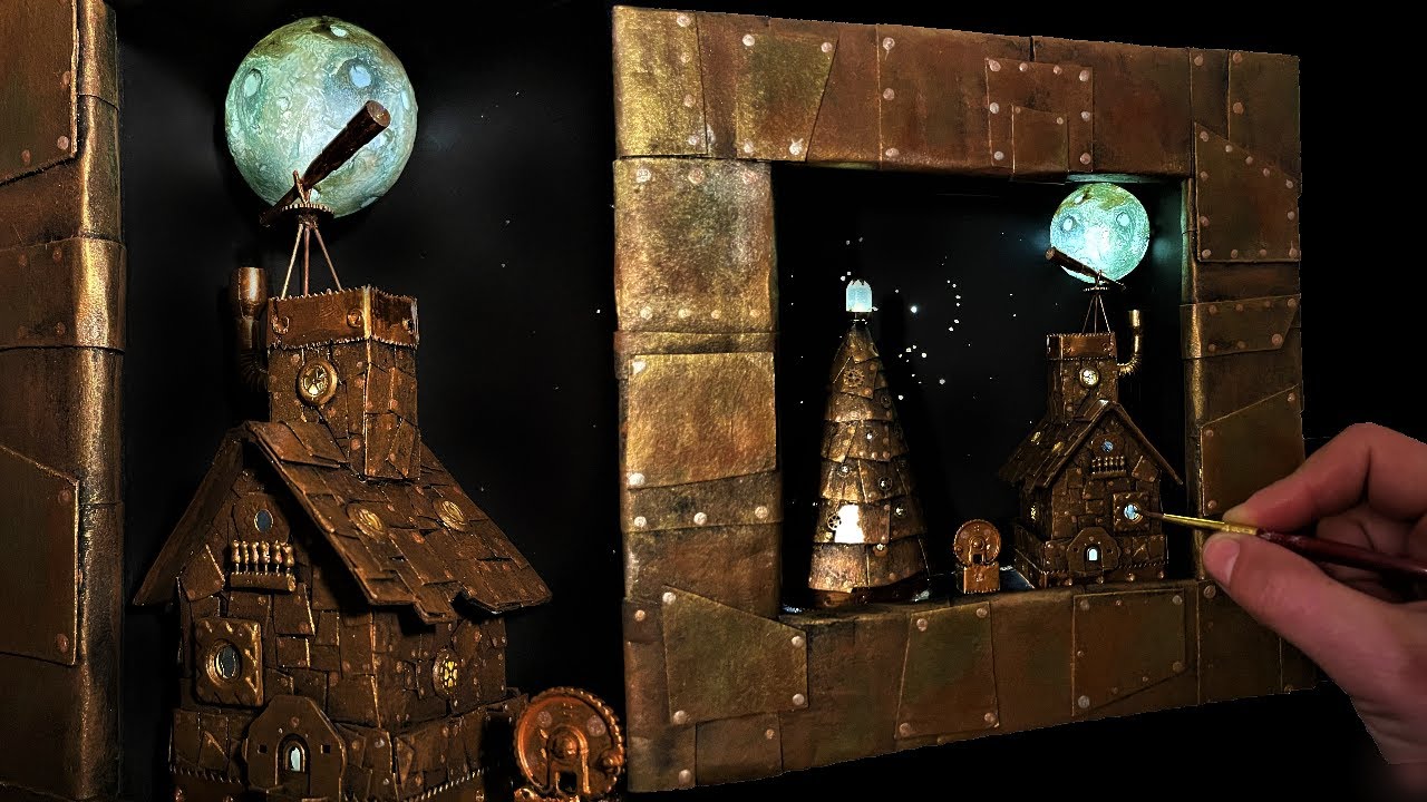 DIY Cardboard Christmas Steampunk Diorama 🌜Shadow Box 🎄Led MOON