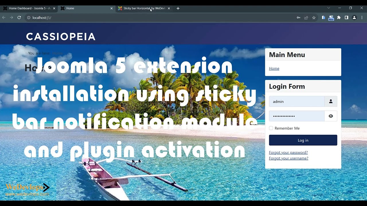 Joomla 5 extension installation using sticky bar notification module and plugin activation