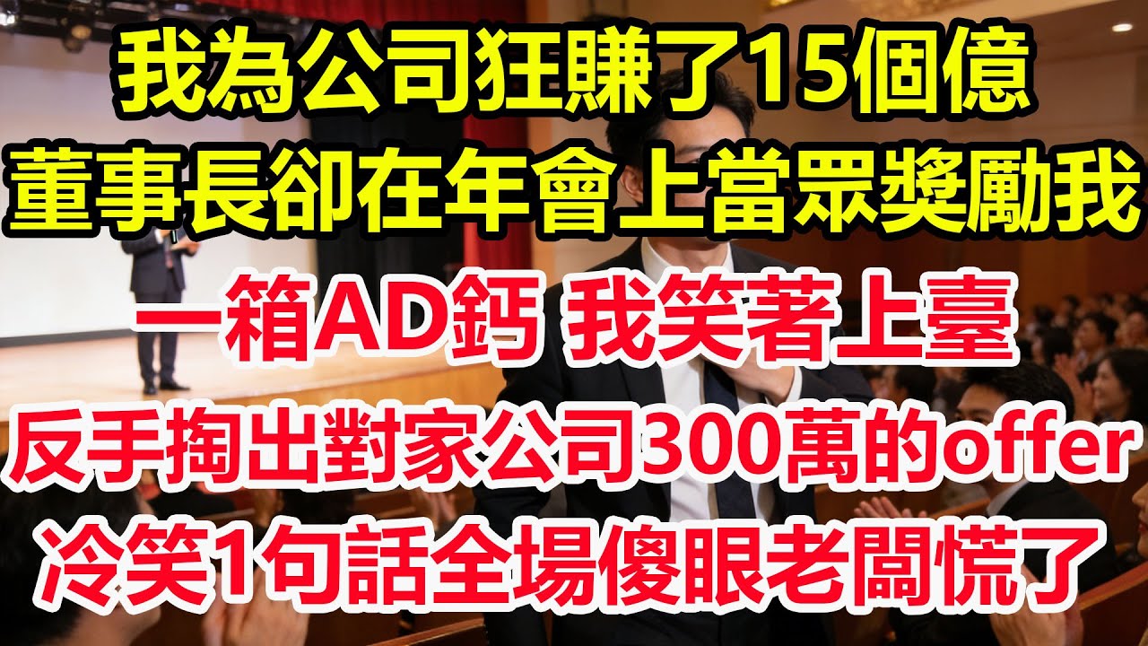 我為公司狂賺了15個億，董事長卻在年會上當眾獎勵我一箱AD鈣，我笑著上臺，反手掏出對家公司300萬的offer，冷笑1句話全場傻眼老闆慌了！#情感 #爽文 #職場 #生活 #總裁