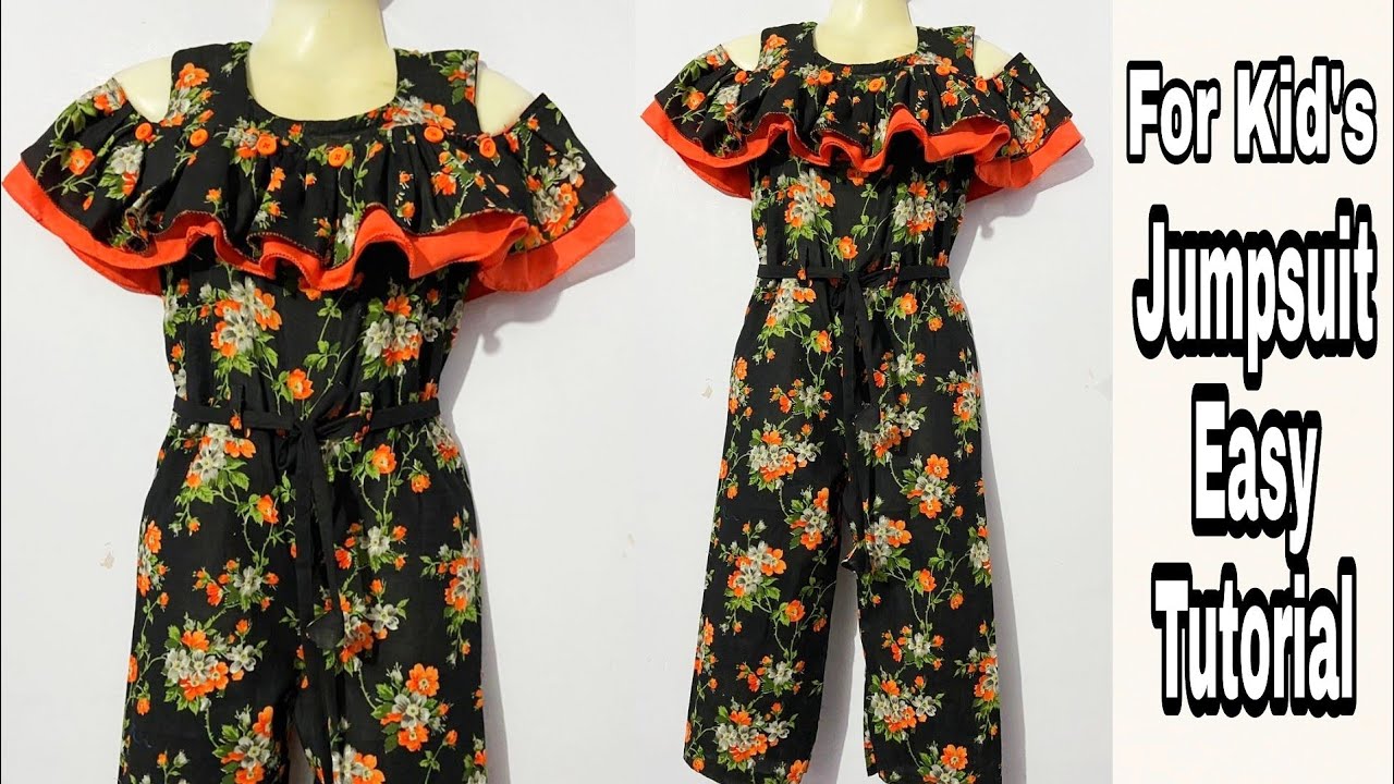Jumpsuit With Off Shoulder Frill Neck design!! For 9-10 year kid's!! Jumpsuit Cutting & Stitching !!