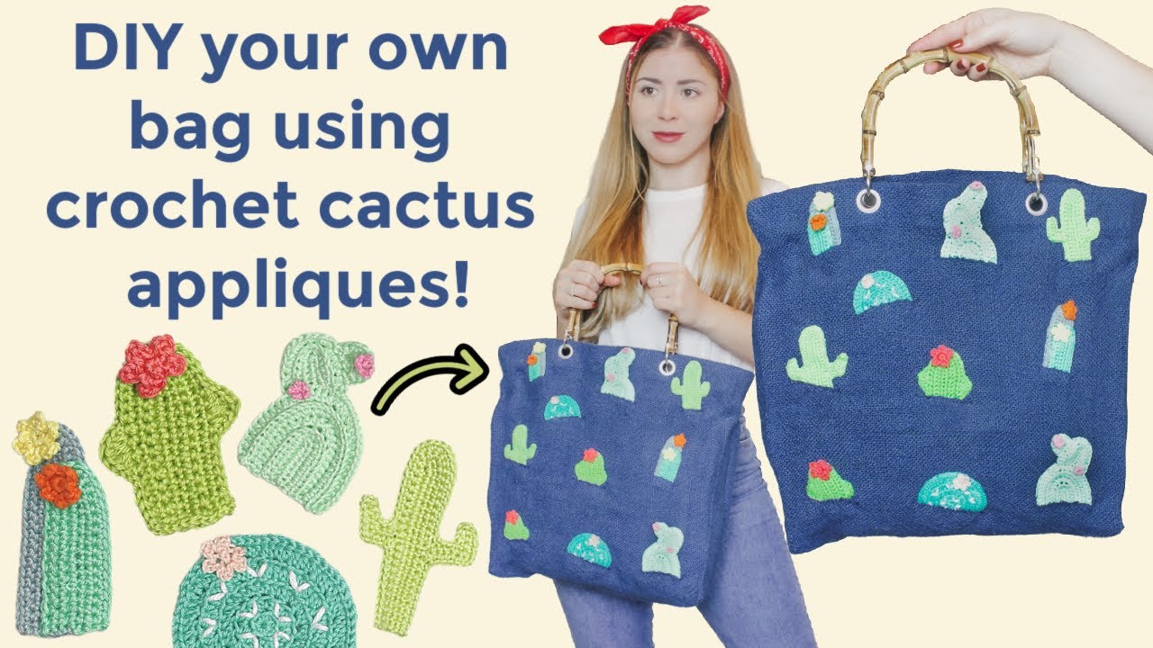 Shopping bag with crochet cactus appliques - DIY TUTORIAL