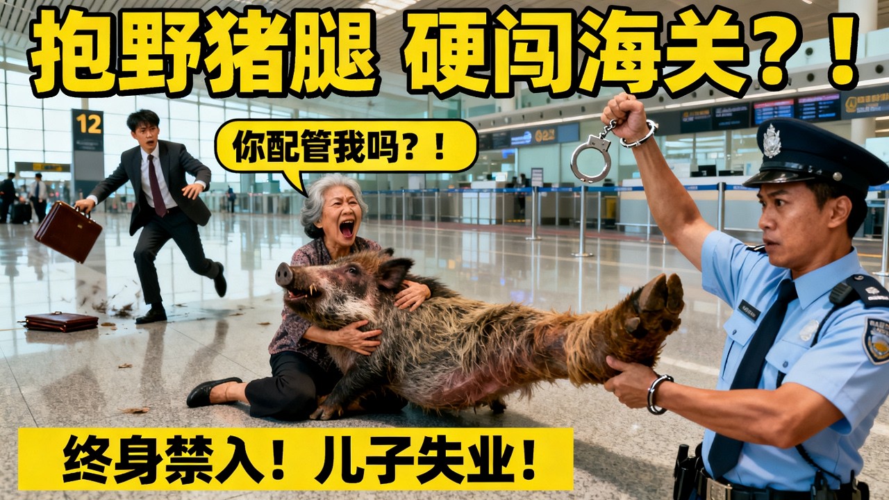 中国大妈带47斤违禁品硬闯美国海关，被拦后竟抱着野猪腿撒泼：“你一个台湾来的也配管我？”华裔警官当场亮出手铐！全家终身禁入+儿子年薪35万工作也没了！