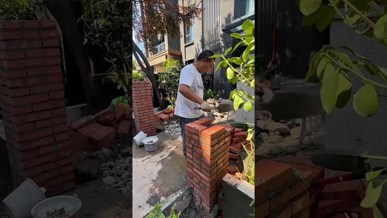 This professional craftsman demonstrates how to install bricks on pillars quickly and structurally
