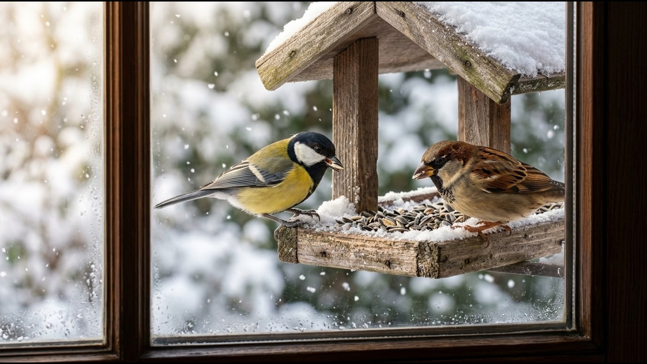 20 Minutes of Peace: Winter Birds Eating Seeds at the Window Feeder | Nature Relax & ASMR