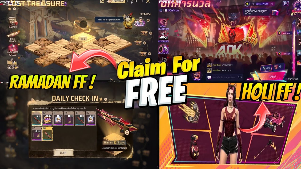 RAMADAN EVENT CALENDAR 🤯🥳 LOST TREASURE FREE REWARDS + BEAT CARNIVAL & HOLI EVENT FREE FIRE