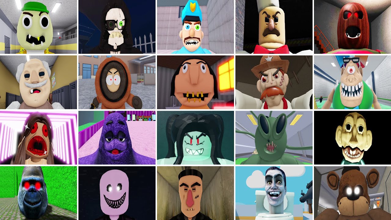 JUMPSCARE From All Scary Obby Escape Cringeman,Evil Nanny,Mr Bony's,Cowboy Robby Bank,Grimace Shake