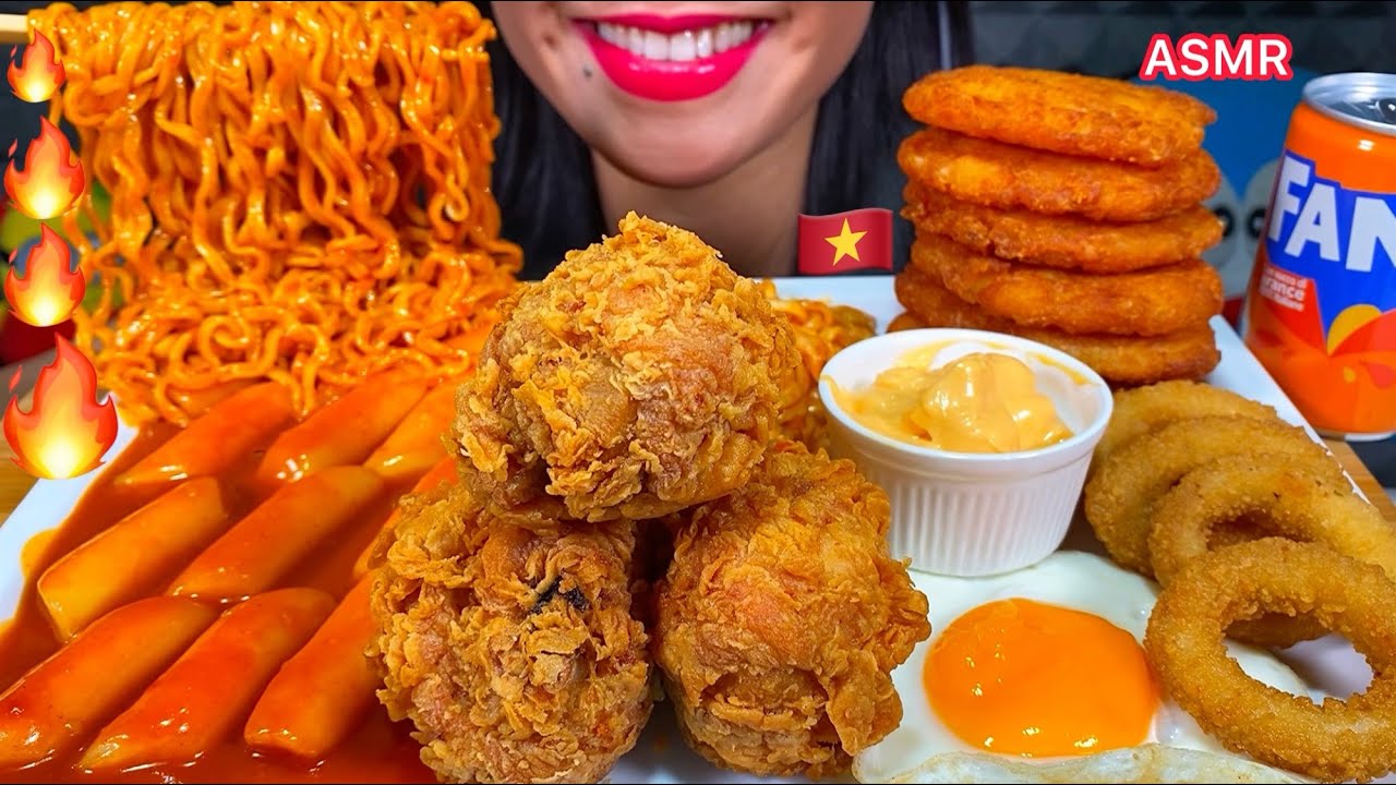 ASMR SPICY NOODLES, TTEOKBOKKI, FRIED CHICKEN, HASH BROWN, SQUID RINGS MASSIVE Eating Sounds
