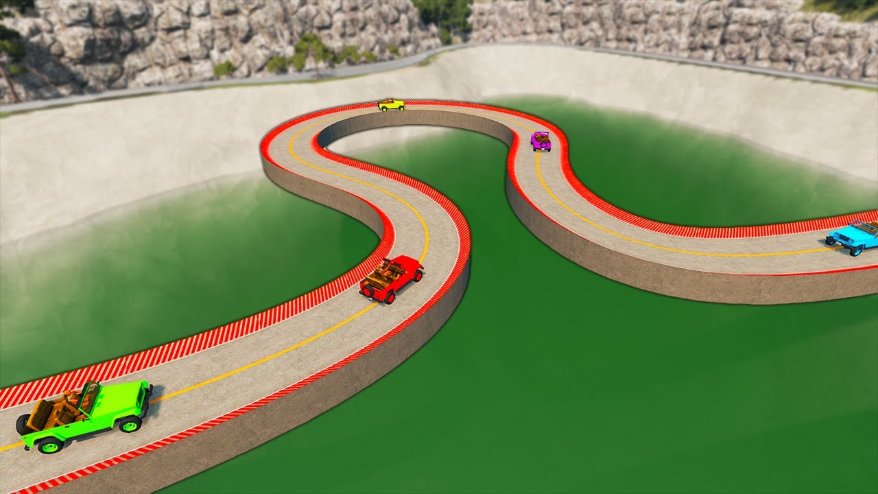 Cars vs Impossible C Shape Bridge - Cars vs Deep Acid Pit - BeamNG.Drive