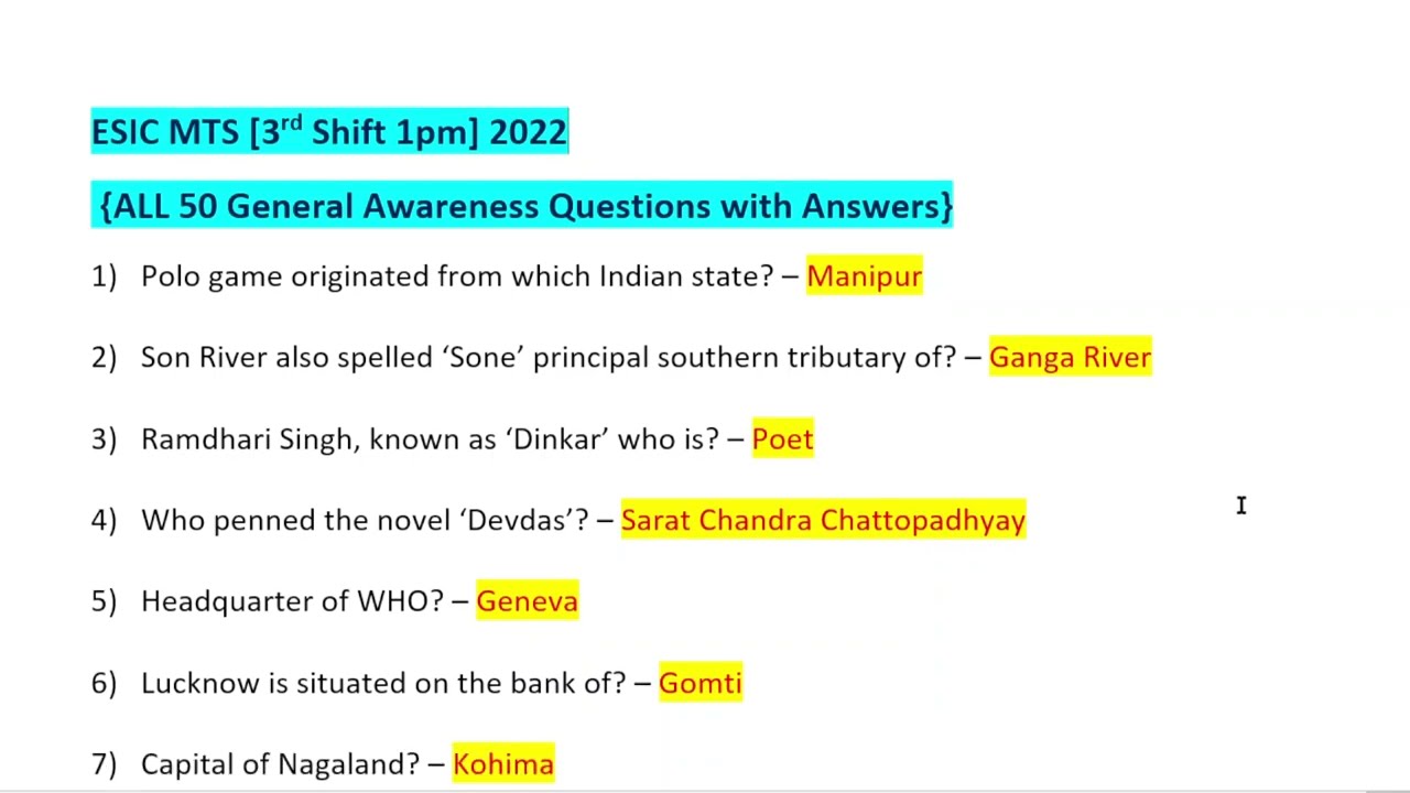 ESIC MTS 3rd Shift 2022 All 50 General Awareness Questions with Answers