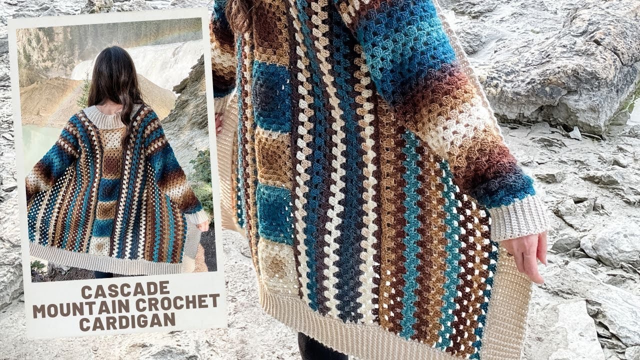 Cascade Mountain Crochet Cardigan - Easy side across construction with granny square panel